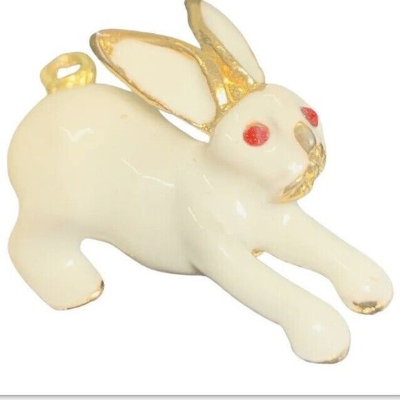 White Bunny Rabbit Pendant Brooch 1.5" red Eyes Gold Tone Whimsical Vintage - Picture 6 of 10